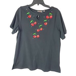 Quacker Factory Women's Black Cotton T-Shirt Keyhole Rhinestone Cherries M Fruit